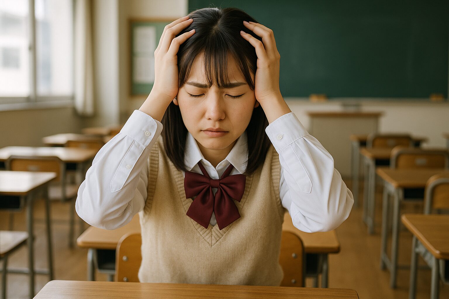 受験で悩んでいる女子高校生